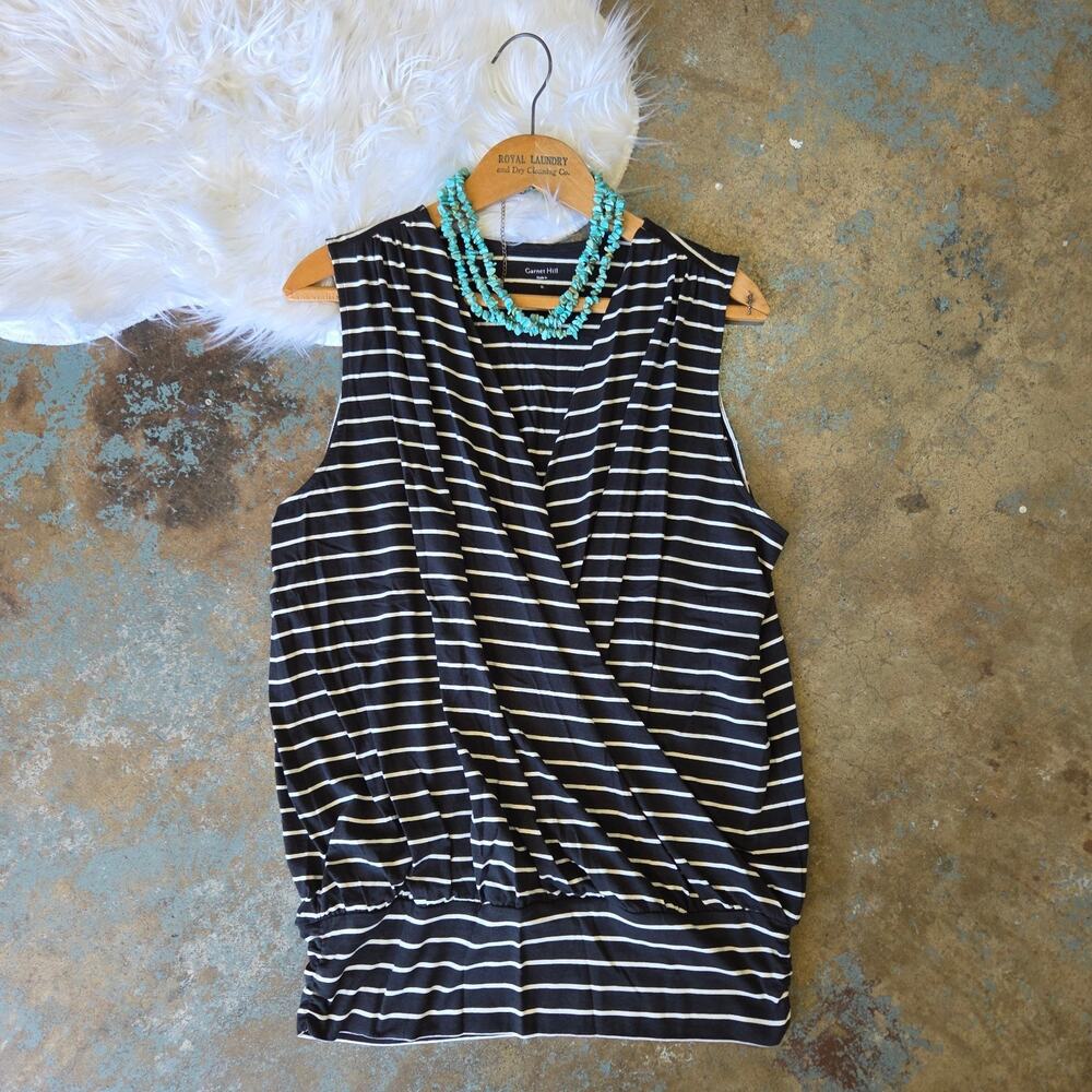 Garnet Hill Striped Faux Wrap Top Size Xl Black White Sleeveless Tencel Blend
